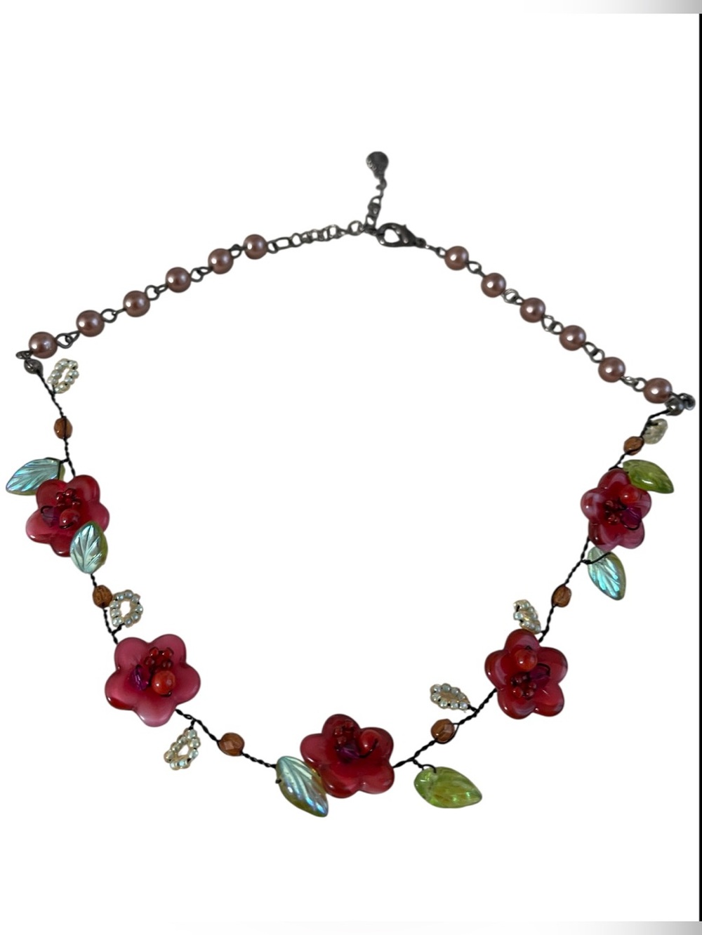 Red Flower Bead Necklace with Iridescent Leaves - Women Jewelry wire